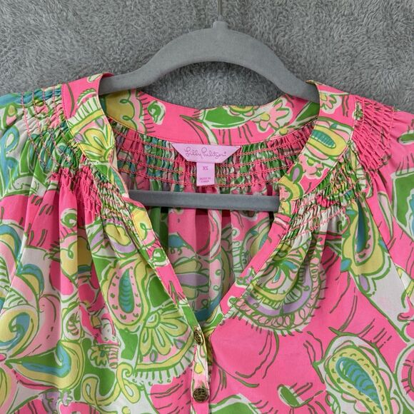 Lilly Pulitzer Top XS Silk Elsa Chin Chin Elephant Pink Ballon Sleeve V-Neck - Picture 5 of 16